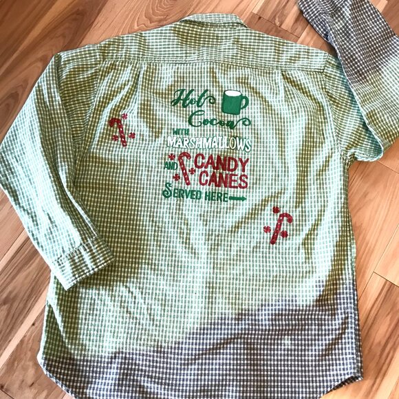 Upcycled Plaid Christmas Shirt, Plus Size: Bleached, Painted Holiday Graphics - Picture 8 of 12